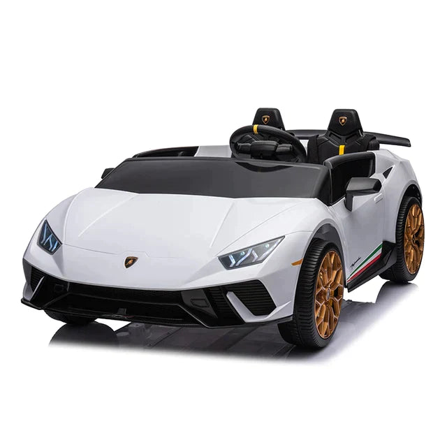 White Lamborghini Huracan Kids Ride on with black and gold details, 24 Volt electric, includes parental remote control