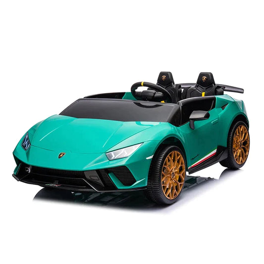 Green Lamborghini Huracan-inspired electric ride-on toy car for kids, isolated on a white background.