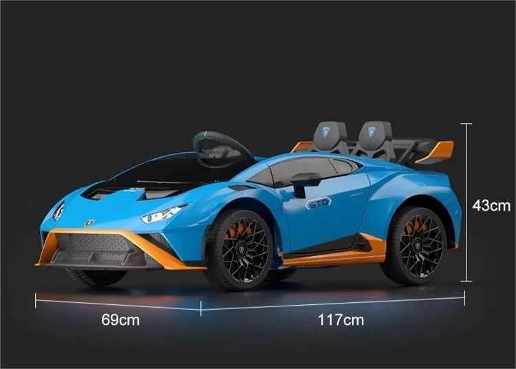 Blue Lamborghini Huracan STO 12V Drift ride on car for kids, 69cm by 117cm by 43cm in dimensions.