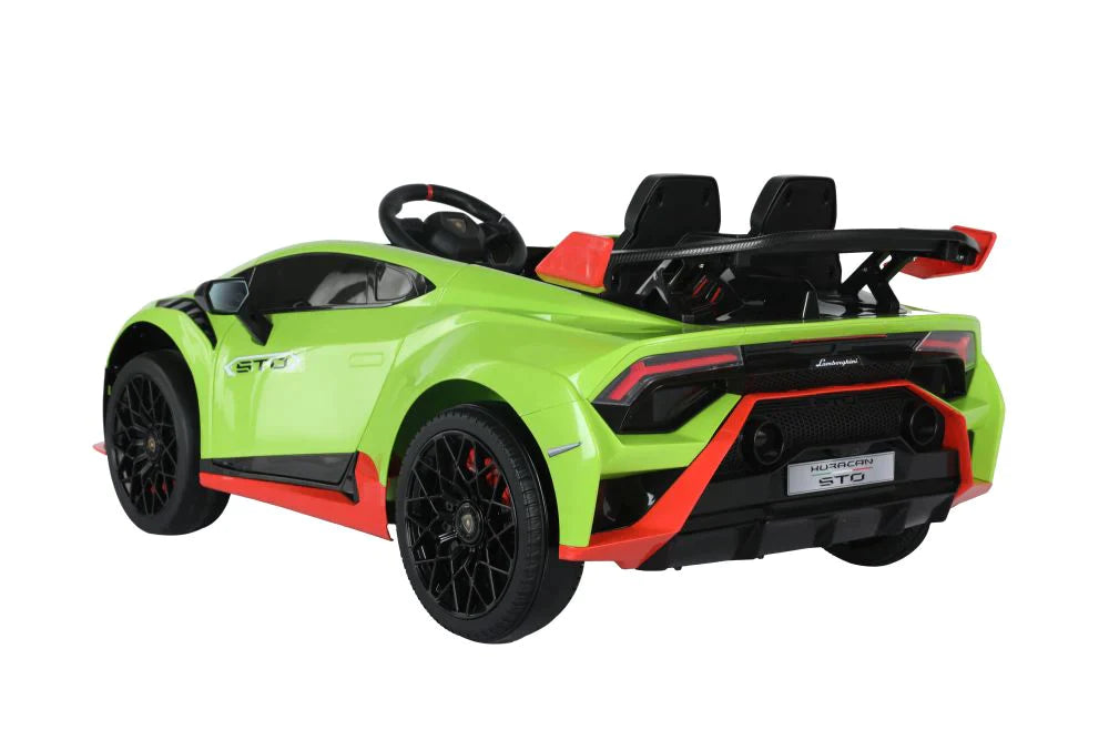 Green Lamborghini Huracan STO 12V, an electric ride-on toy car for kids isolated on white background