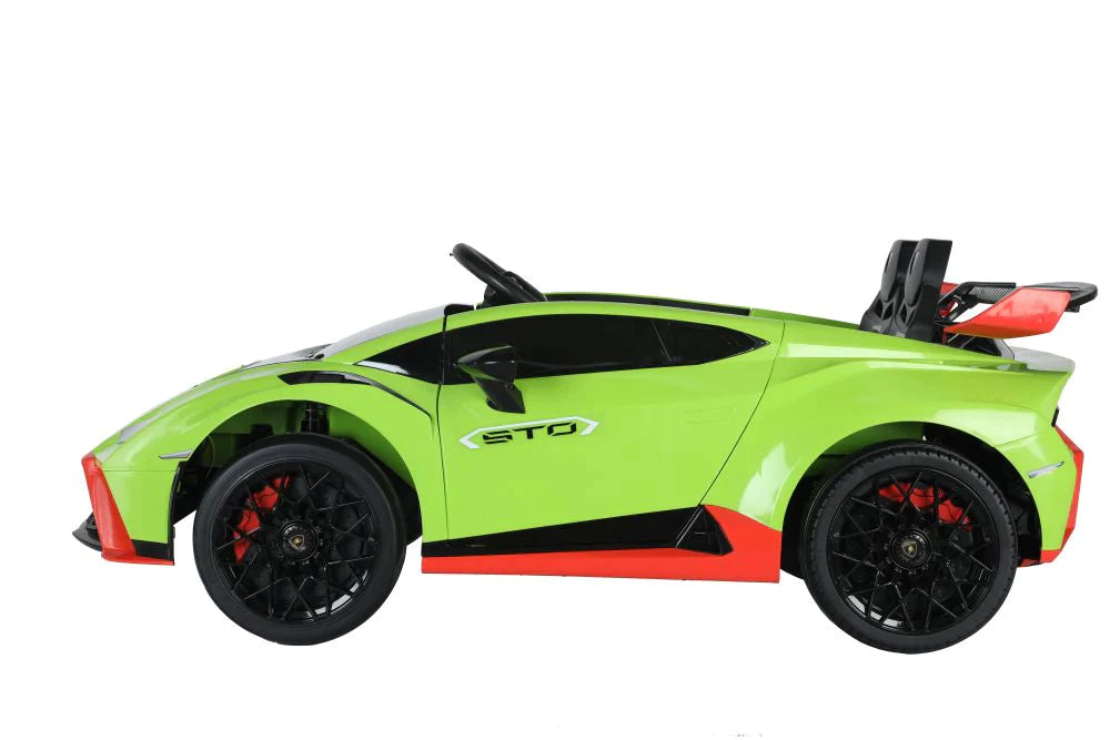 Green and red Lamborghini Huracan STO 12V electric ride on car with open doors