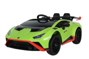 Bright green Lamborghini Huracan STO 12V Drift ride-on toy for kids with red accents, isolated on a white background