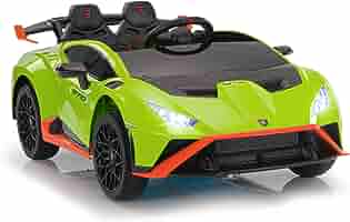 Green Lamborghini Huracan STO 12V Drift Electric Ride-on Toy Car with Black Detailing and Orange Trim