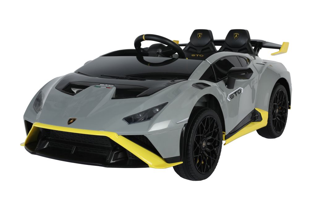 Two-seater children's electric Lamborghini Huracan STO 12V Drift toy car featuring grey body, black wheels and yellow accents.