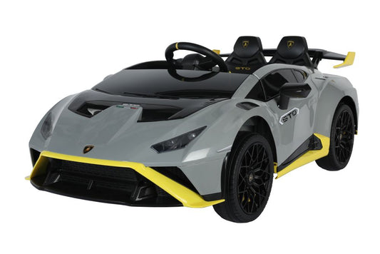 Gray and yellow kids electric Lamborghini Huracan STO 12V ride-on car with parental remote control