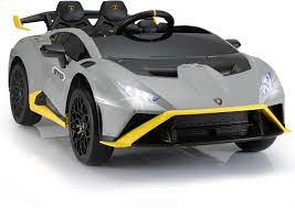 Two-seater Lamborghini Huracan STO 12V Drift children's ride-on car in gray with yellow accents