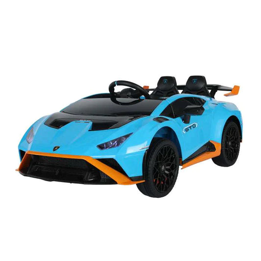 Blue and orange Lamborghini Huracan STO 12V drift-style ride-on toy car for children, comes with a parental remote control.