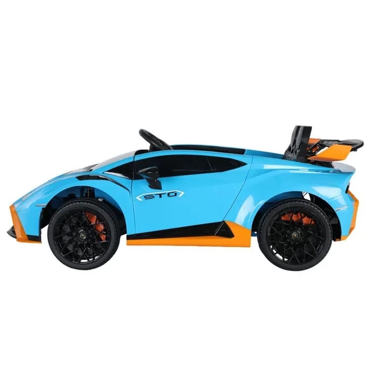 Blue Lamborghini Huracan STO 12V Drift ride-on car with open scissor doors for kids on a white background.