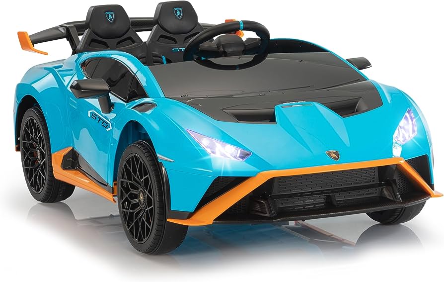 Teal and orange 12v Lamborghini Huracan STO inspired electric ride on toy car for kids.