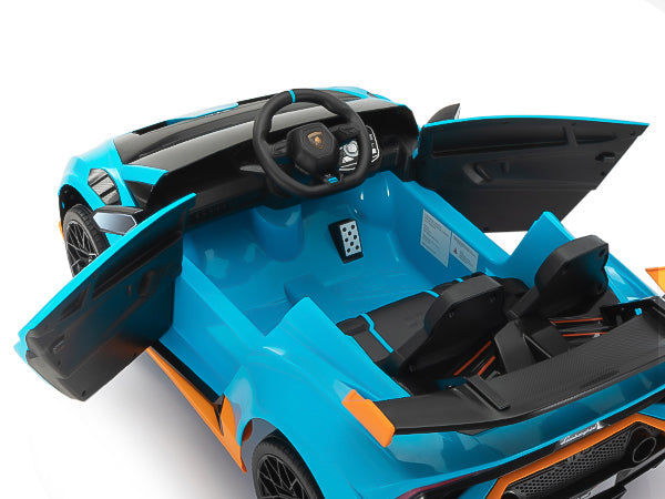 Blue Lamborghini Huracan STO 12V Drift ride on car for kids with open doors