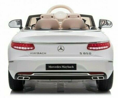 White Mercedes S650 convertible electric ride-on car for kids with parental control, top down - rear view.