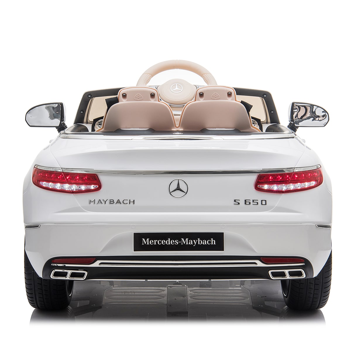 Rear view of a white Mercedes-Benz S650 children’s electric car with parental control feature, top down.