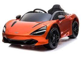 Orange McLaren 720S Spider electric ride on car toy with parental remote control against a white background.