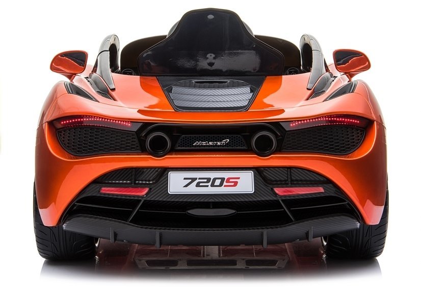 Rear view of an orange MCLAREN 720S Spider Electric Ride On Car with 12v battery power for children.