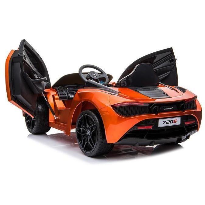 Orange McLaren 720S Spider electric ride on car for kids with open doors, 12v voltage, and parental remote control feature.