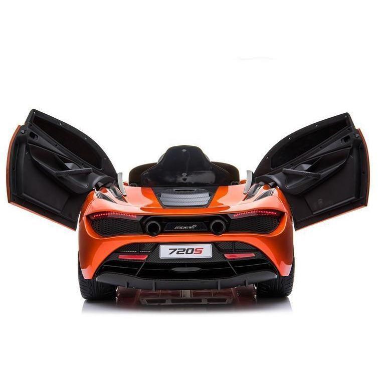 Orange McLaren 720S Spider electric ride on car for kids with open doors and parental remote control