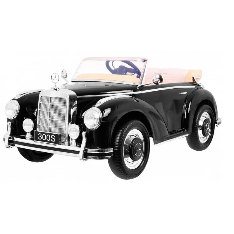 Classic black Mercedes Benz 300S electric ride-on car for kids with chrome accents and vintage design, powered by a 12V battery system.