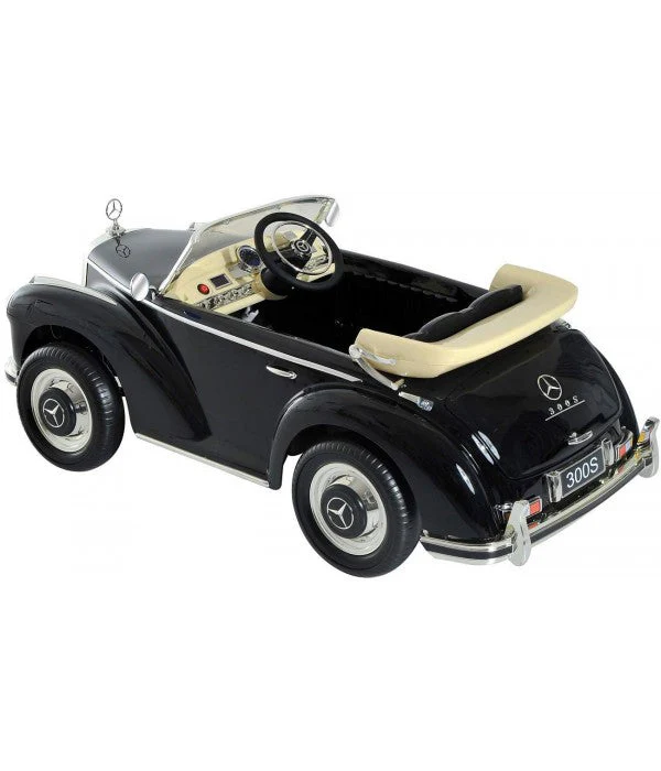 Black Mercedes Benz 300S Electric Ride On Car for kids, with a beige interior on a white background.