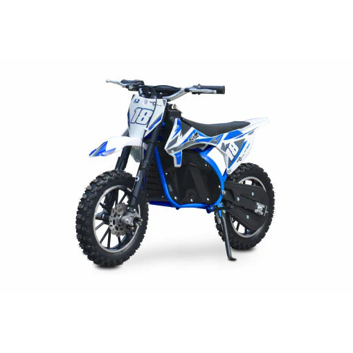 Blue and white Neo Outlaw electric dirt bike for children on a white background