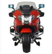 Red and white BMW Police electric ride on motorbike for children, equipped with blue emergency lights.
