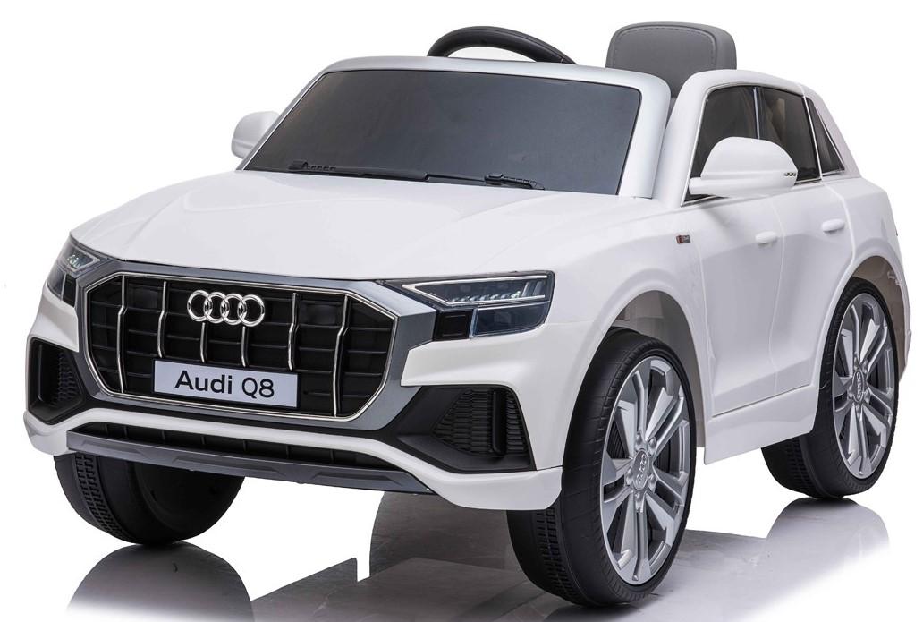 "White Audi Q8 SUV Electric Ride-on toy for kids on a white background"