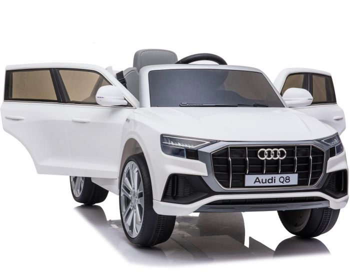 "White Audi Q8 SUV electric ride on for kids, licensed by Audi on a white background"