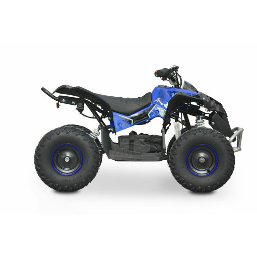 Blue and black Neo Outlaw kids ATV with 1060W 36V brushless shaft driven motor on a white background