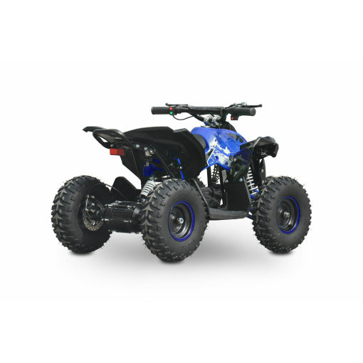 Blue Neo Outlaw Electric Kids ATV with 36v Brushless Shaft Driven Motor isolated on white background