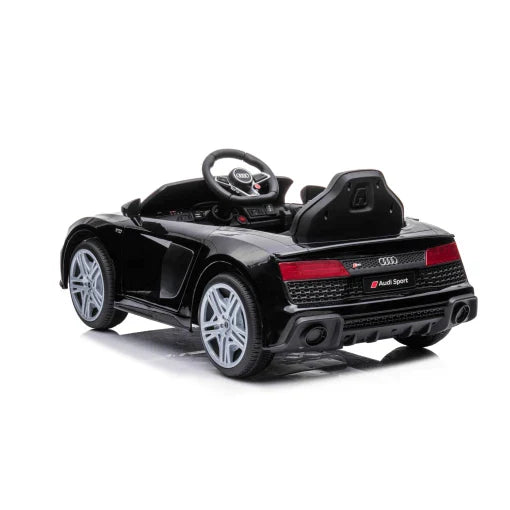 Black Audi R8 licensed electric ride-on for kids on a white background.