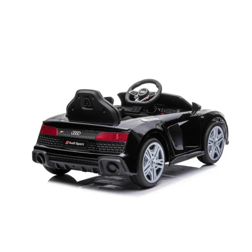 Black Audi R8 A300 children's electric ride on Toy with safety seatbelts on white backdrop.