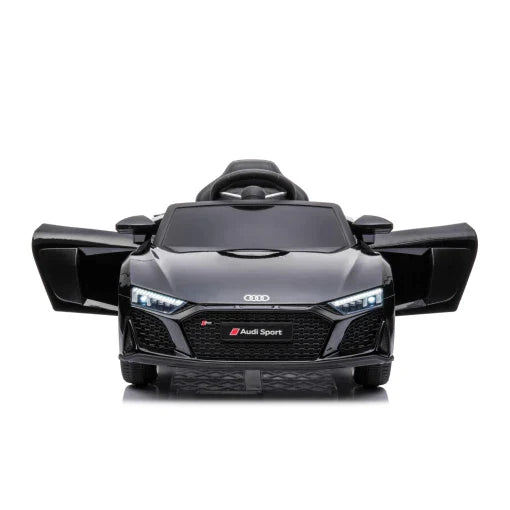 Front view of a sleek black Audi R8 electric ride-on car for children" 
"A300 kids electric race car with remote control on a white background