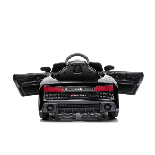 Black Audi R8 licensed electric ride-on car for kids with open doors, rear view, on a white background.