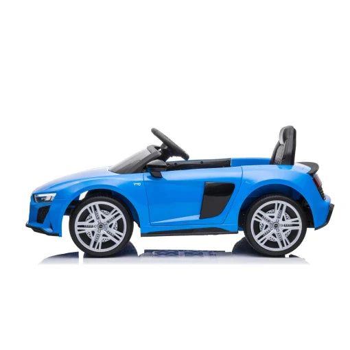 Blue Audi R8 children's electric car with parental remote control, on a white background