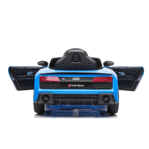 Blue Audi R8 electric ride-on car for kids with open doors, featuring an MP3 music player on a white background