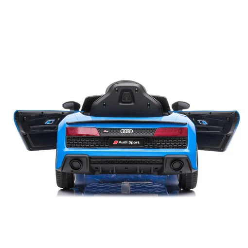 Blue Audi R8 electric ride-on car for kids with open doors, featuring an MP3 music player on a white background