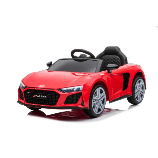 Red Audi R8 electric ride-on car for kids on a white background.