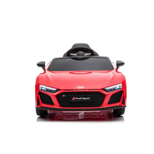 Red Audi R8 kids electric ride on car model isolated on a white background.
