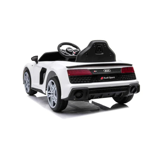 White Audi R8 A300 electric ride-on car for children on a white background.