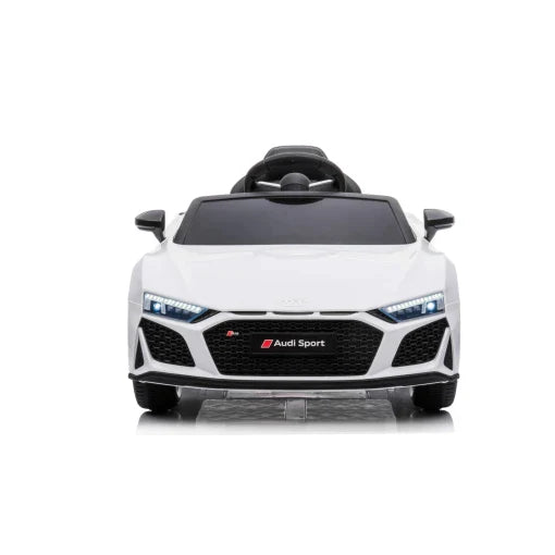 A white Audi R8 licensed children's car; electric ride on A300 model isolated on a white background.