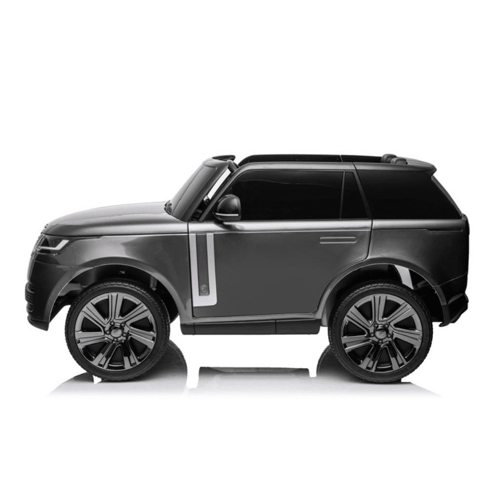 Grey electric ride-on Range Rover with tinted windows for kids on a white background