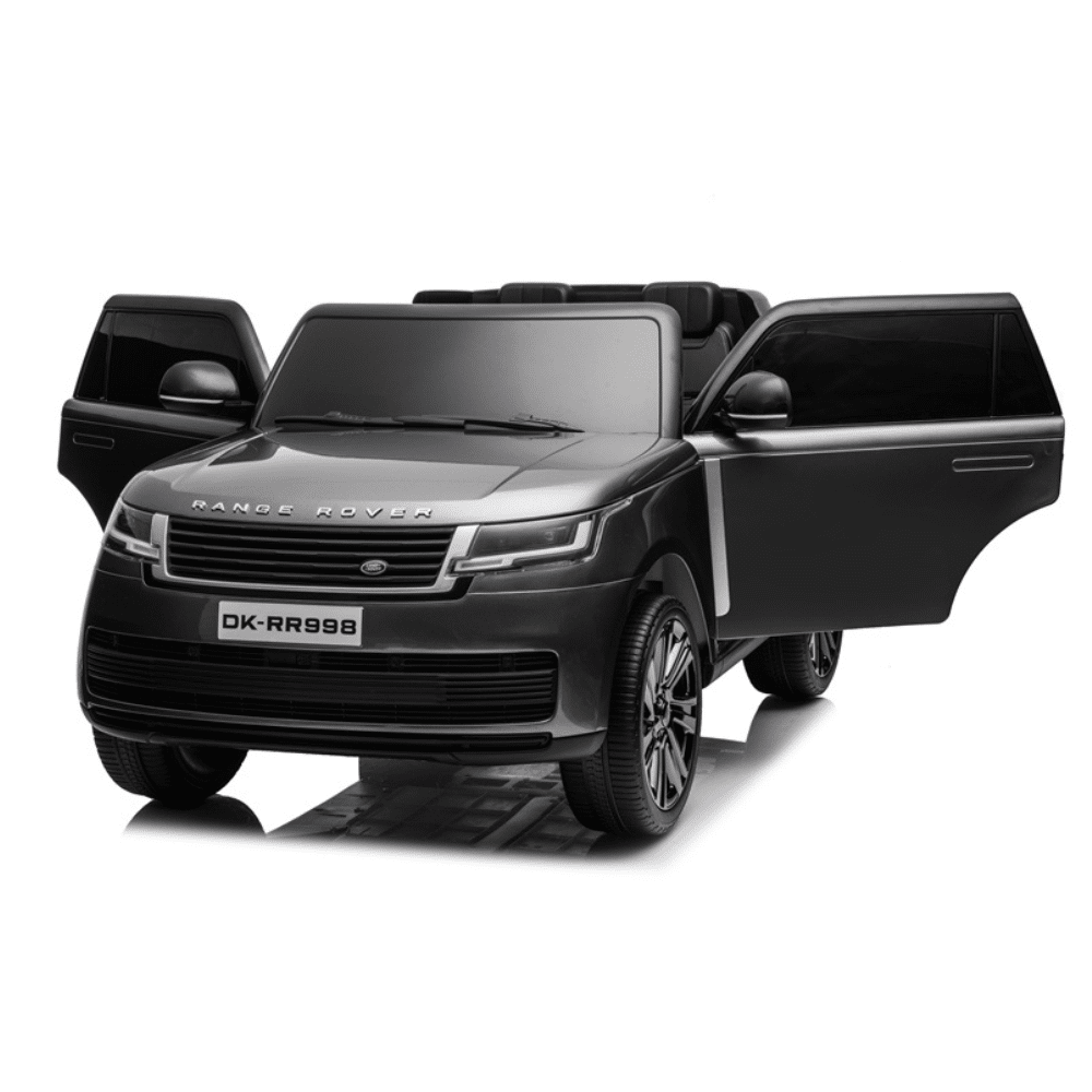 Grey Range Rover model, 24 Volt kids ride-on car with open doors, complete with parental remote control.