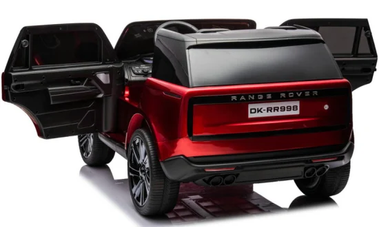 LICENSED red Range Rover electric ride-on car for kids, 24 Volt toy car with open trunk, showcased on a white background.