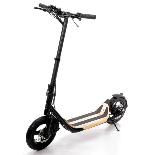 Black-framed 8TEV Electric Scooter B12 Classic with beige footboard and Tektro hydraulic brakes for kids, on a white background from Kidscar UK.