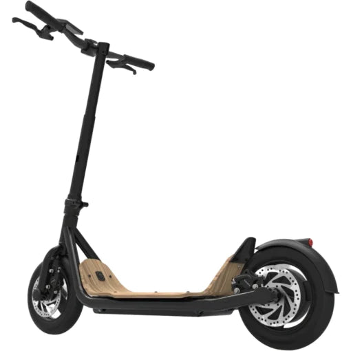 Side view of 8TEV Electric Scooter B12 Classic in black frame with wooden deck, featuring Tektro hydraulic brakes designed for kids car and electric ride on.