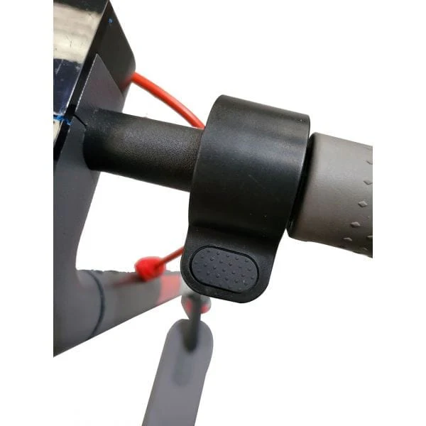 Black handlebar grip with red adjustment lever on an adult M1 electric scooter featuring a 350w motor, digital display and colourful decals.