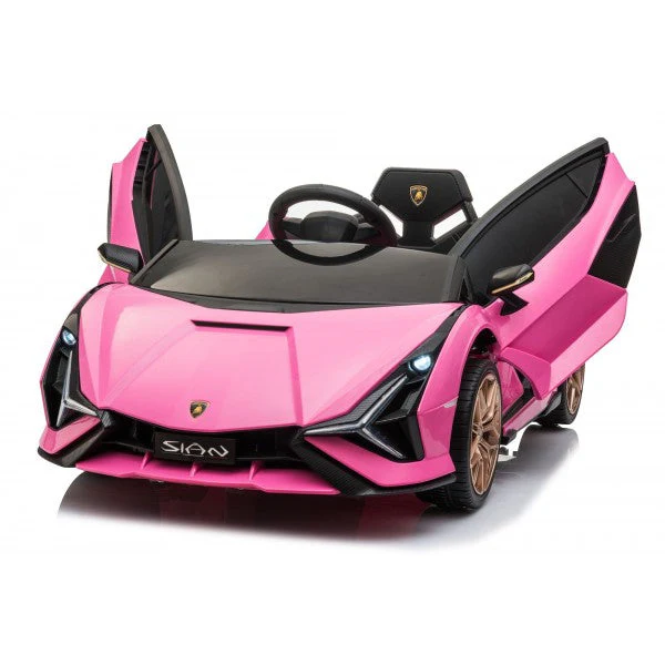 "Pink Lamborghini Sian Electric Ride-On Car with MP4 Screen and Parental Control on a White Background"