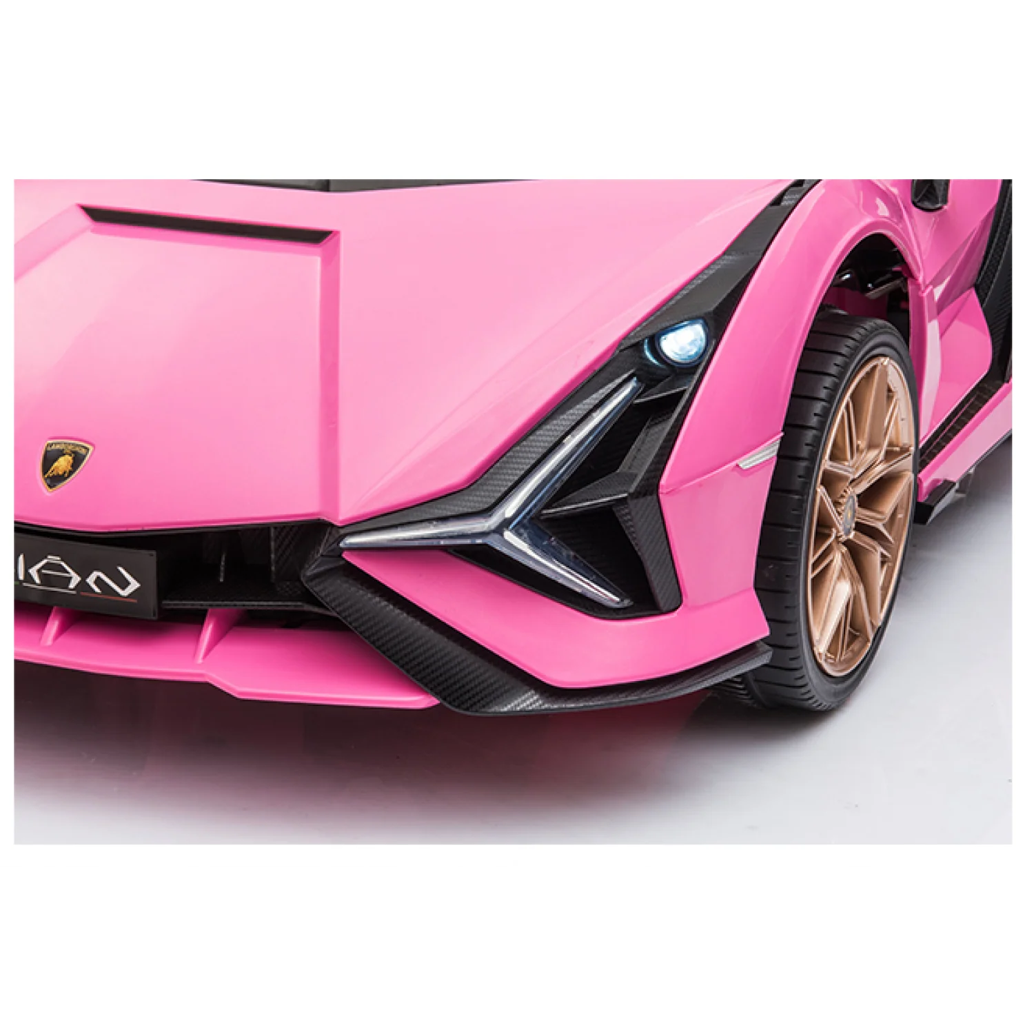 "Pink Lamborghini Sian Electric Ride on Car for Kids with MP4 Screen and Parental Control Features on White Background"