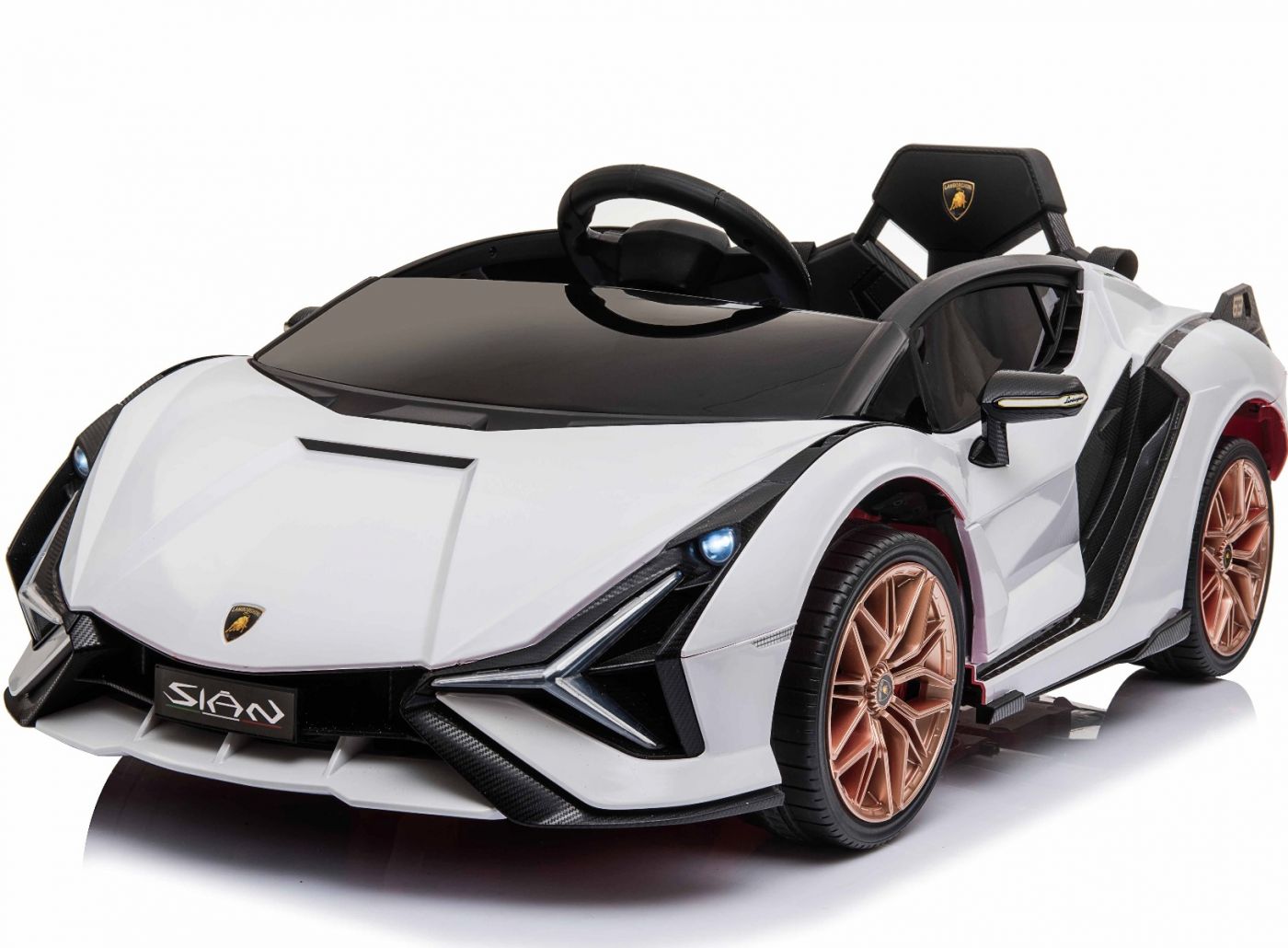 "12V White Lamborghini Sian Electric Ride on Car for kids, featuring unique design with MP4 screen and parental control."