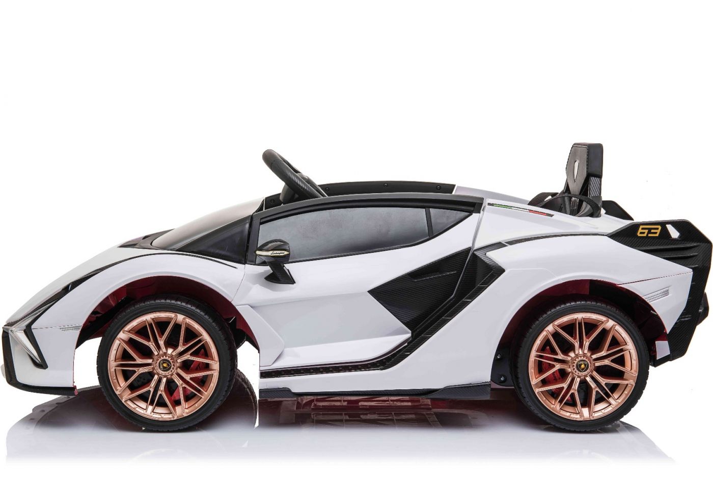 Unique white and gold Lamborghini Sián electric ride-on toy for kids.