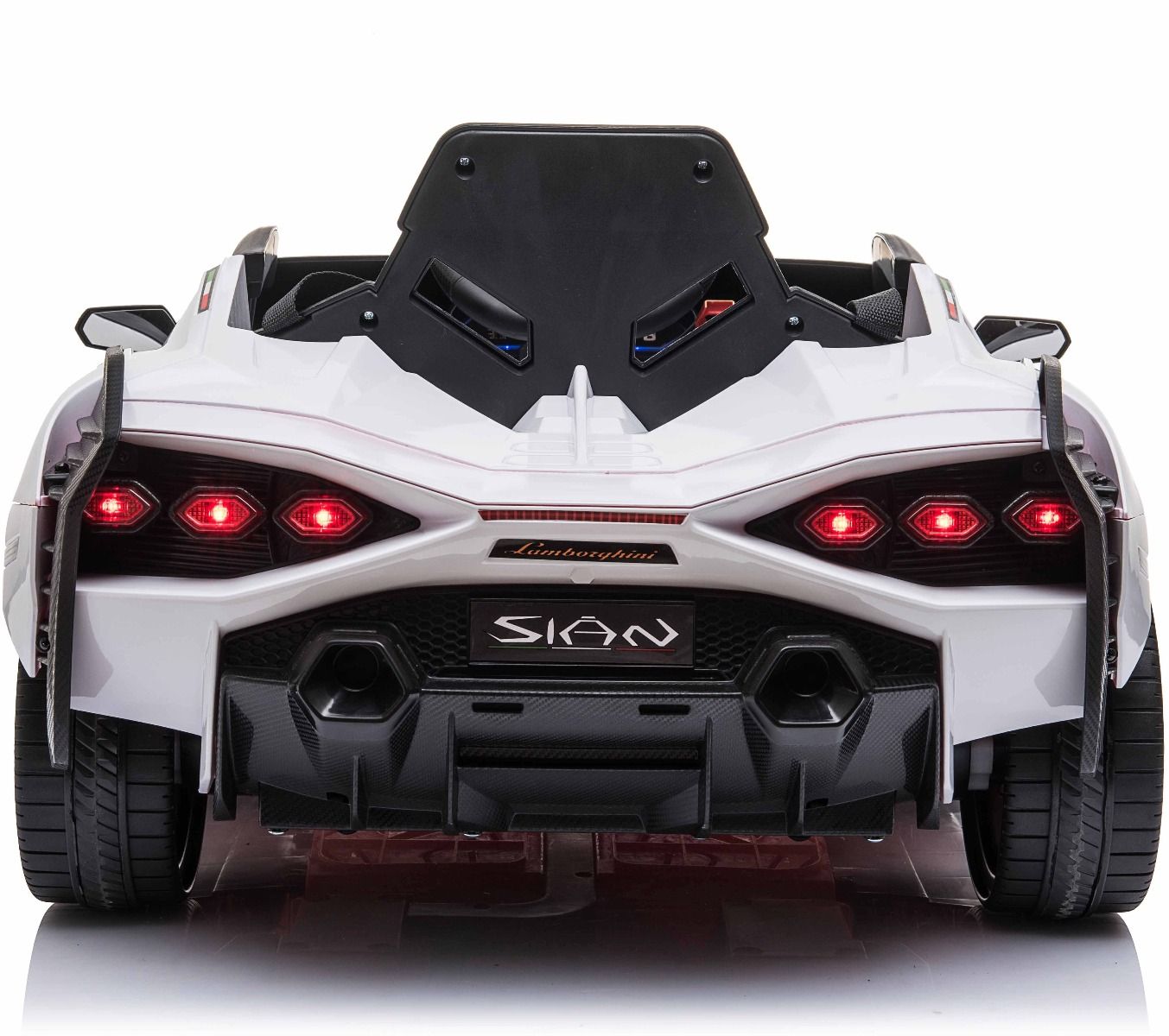 "White Lamborghini Sian electric ride-on car with MP4 screen and parental control for kids"